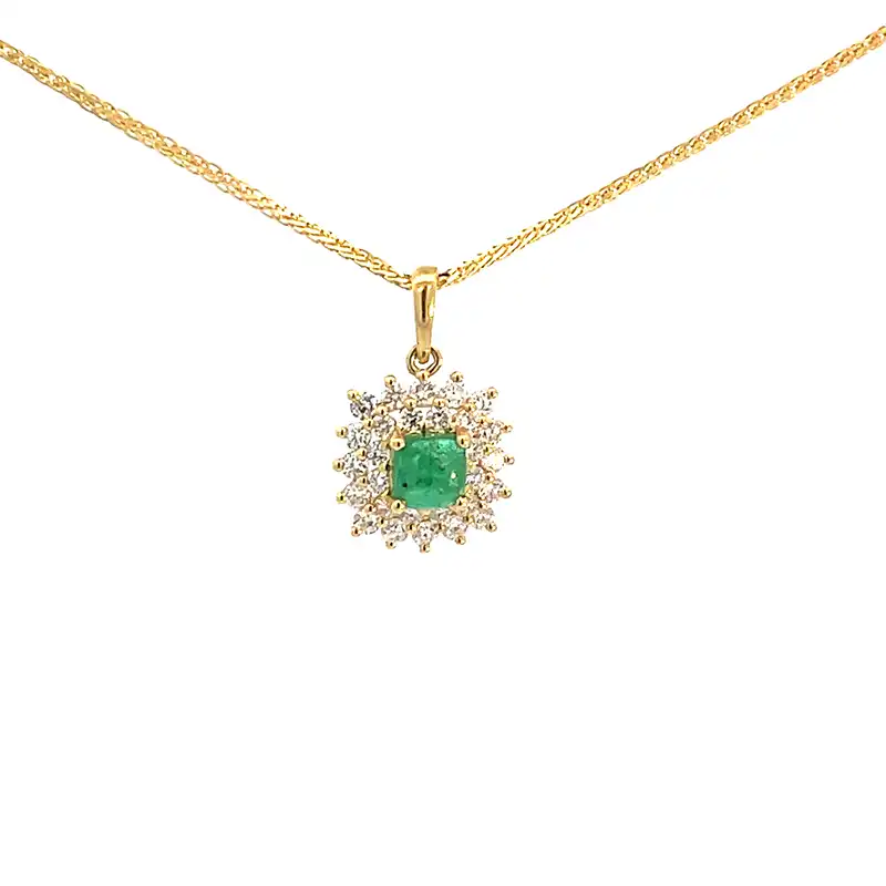 Pendant Set in Diamond, Emerald in 18K Gold - Square